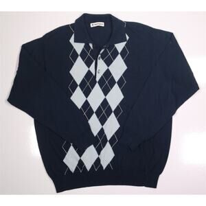 Burlington Blue Argyle Cotton Knit Jumper Collared Polo Sweater 40/Medium